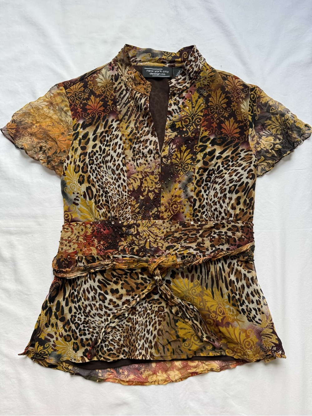 New York City Design Co. Silk Beaded Animal-Baroque Print Blouse - Brown/Gold - Picture 2 of 6